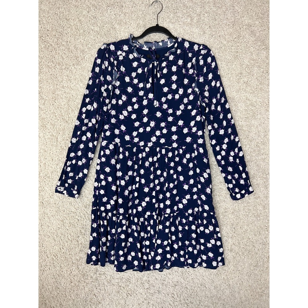 J. Crew Tiered Dress Womens Small Blue Floral Pockets Ruffle Long Sleeve Preppy